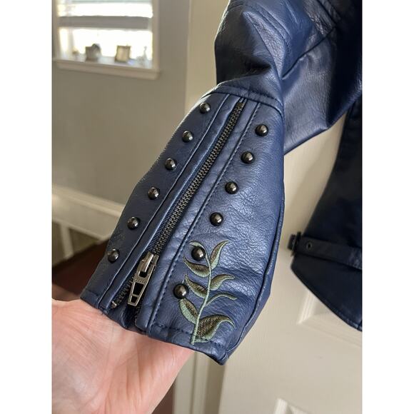 COLLEEN LOPEZ Blue Faux Leather Floral Embroidered Studded Zip Moto Jacket Sz XL - Picture 2 of 14